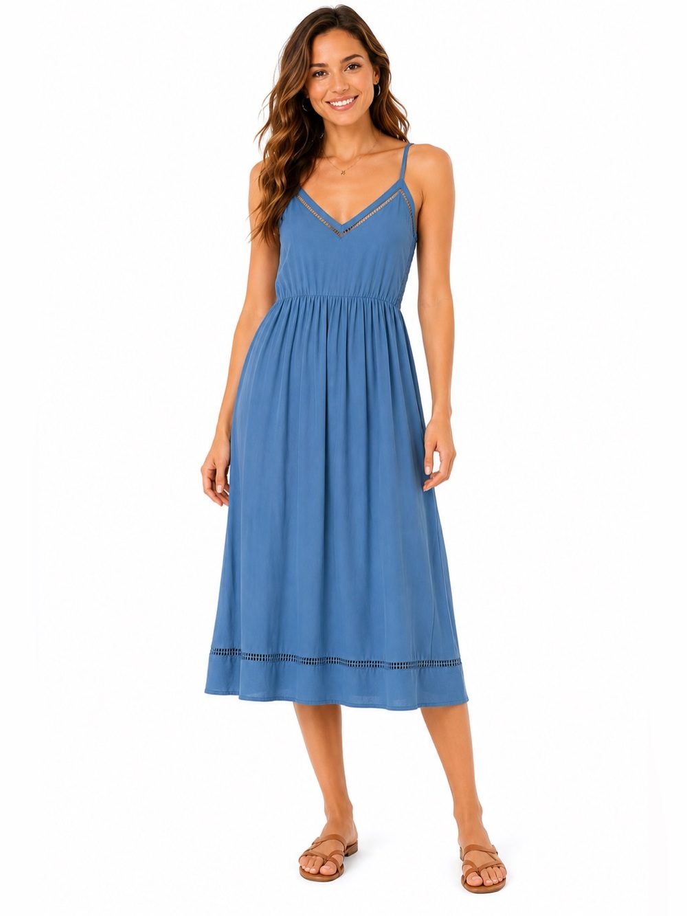 Old‎ Navy Blue Midi Dress Large Boho Smocked Back Adjustable Straps Cottagecore